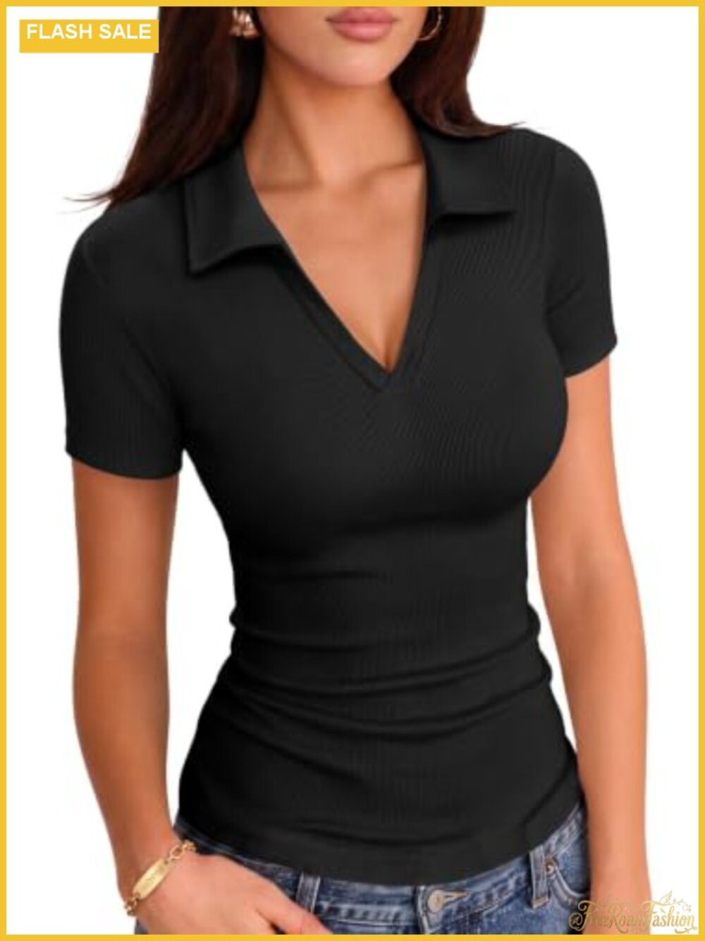 Women's Collared V-Neck Ribbed Knit Fitted Polo Top Short Sleeve